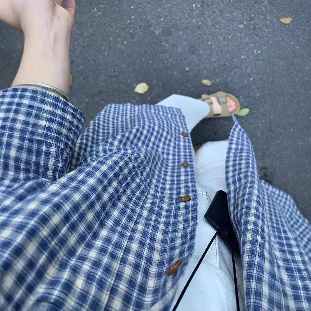 Men's Blue Plaid Striped Long Sleeve Shirt - 2025 Spring Autumn French Retro Jacket for Slim Fit thumbnail 2