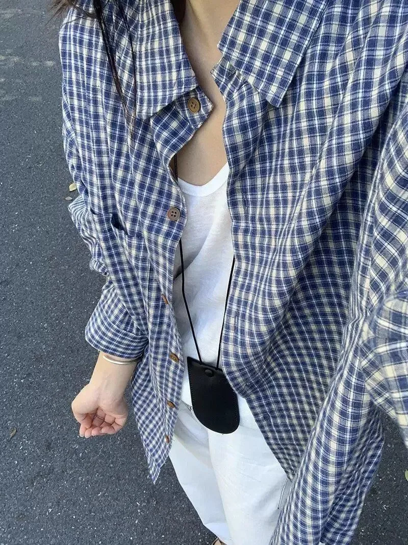Men's Blue Plaid Striped Long Sleeve Shirt - 2025 Spring Autumn French Retro Jacket for Slim Fit showcase 8