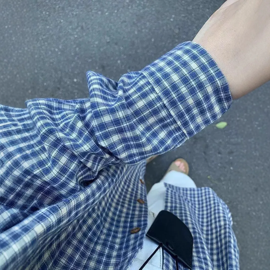 Men's Blue Plaid Striped Long Sleeve Shirt - 2025 Spring Autumn French Retro Jacket for Slim Fit thumbnail 3