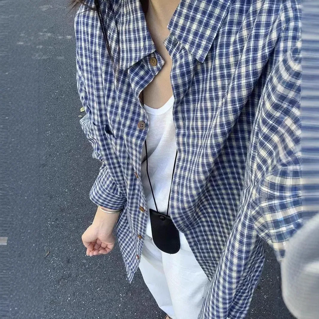 Men's Blue Plaid Striped Long Sleeve Shirt - 2025 Spring Autumn French Retro Jacket for Slim Fit thumbnail 4