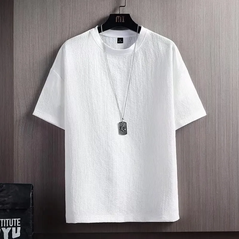 Men's Ice Silk Short Sleeve T-Shirt Summer Cotton Linen Blend Solid Color Loose Fit Undershirt White 3/4 Sleeve Top Casual Fashion thumbnail 1