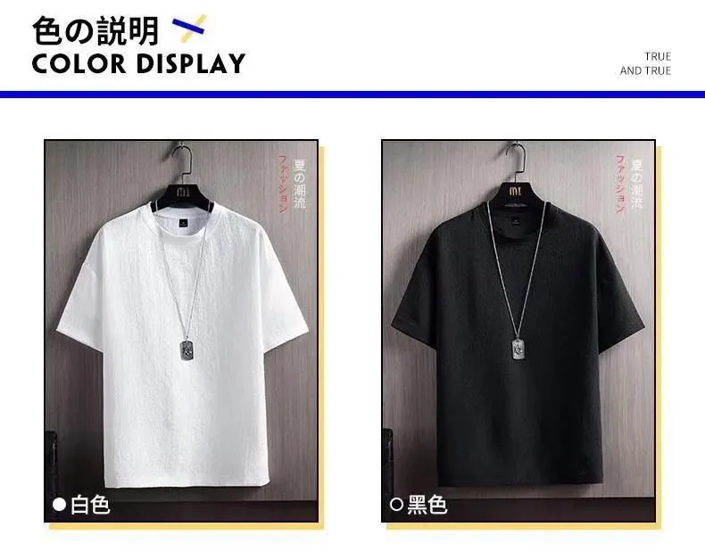 Men's Ice Silk Short Sleeve T-Shirt Summer Cotton Linen Blend Solid Color Loose Fit Undershirt White 3/4 Sleeve Top Casual Fashion showcase 3