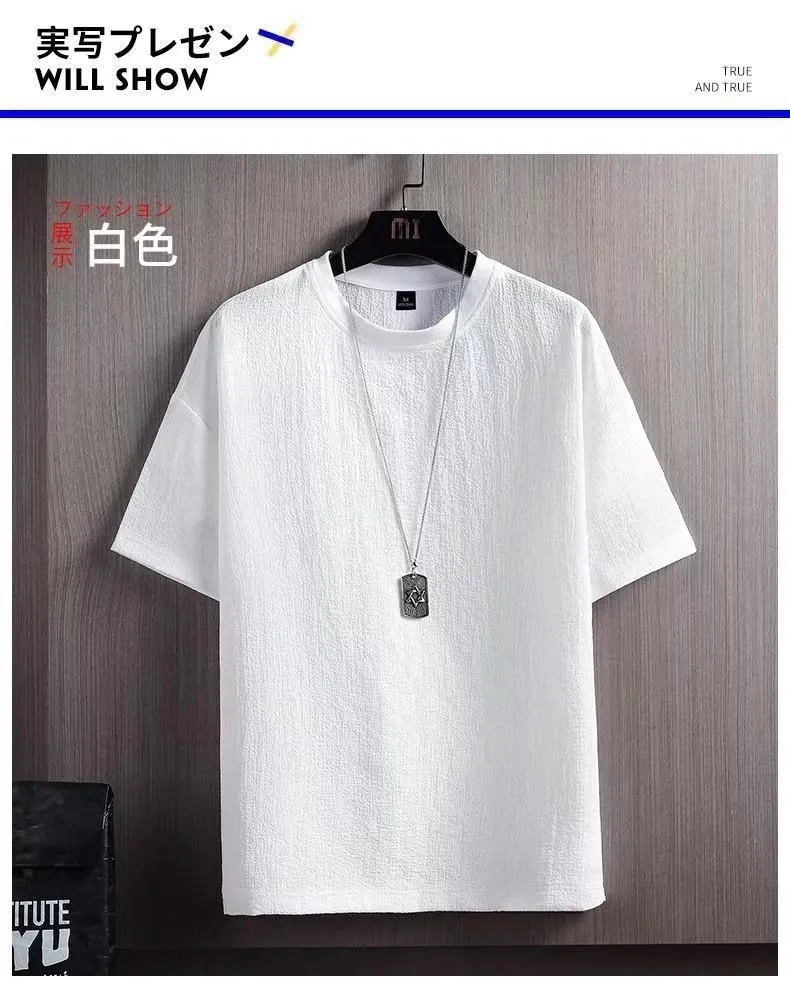 Men's Ice Silk Short Sleeve T-Shirt Summer Cotton Linen Blend Solid Color Loose Fit Undershirt White 3/4 Sleeve Top Casual Fashion showcase 5