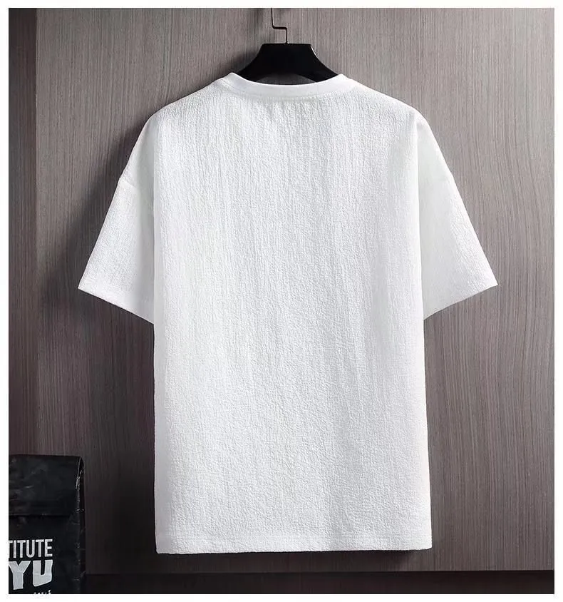 Men's Ice Silk Short Sleeve T-Shirt Summer Cotton Linen Blend Solid Color Loose Fit Undershirt White 3/4 Sleeve Top Casual Fashion showcase 6