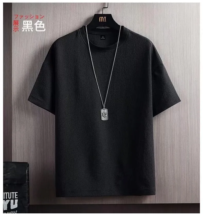 Men's Ice Silk Short Sleeve T-Shirt Summer Cotton Linen Blend Solid Color Loose Fit Undershirt White 3/4 Sleeve Top Casual Fashion showcase 7