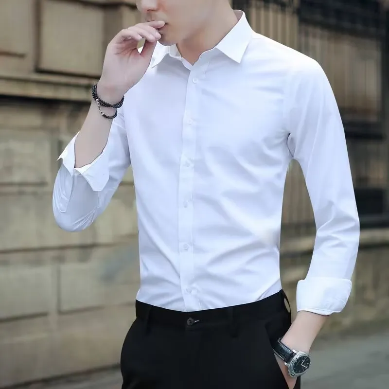 Men's Solid Color Long Sleeve Dress Shirt - Slim Fit Korean Style Business Casual Formal Shirt for Spring & Fall 2025 thumbnail 1