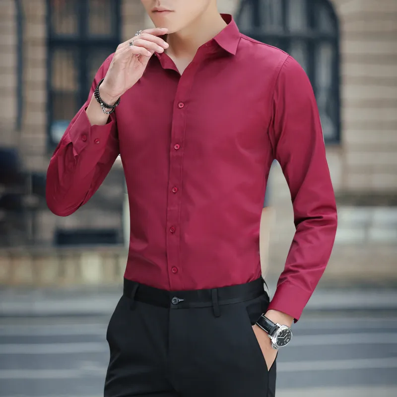 Men's Solid Color Long Sleeve Dress Shirt - Slim Fit Korean Style Business Casual Formal Shirt for Spring & Fall 2025 thumbnail 7