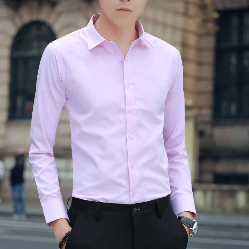 Men's Solid Color Long Sleeve Dress Shirt - Slim Fit Korean Style Business Casual Formal Shirt for Spring & Fall 2025 thumbnail 9