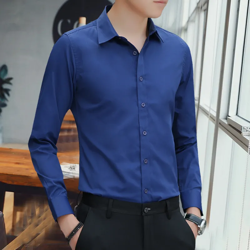 Men's Solid Color Long Sleeve Dress Shirt - Slim Fit Korean Style Business Casual Formal Shirt for Spring & Fall 2025 thumbnail 10