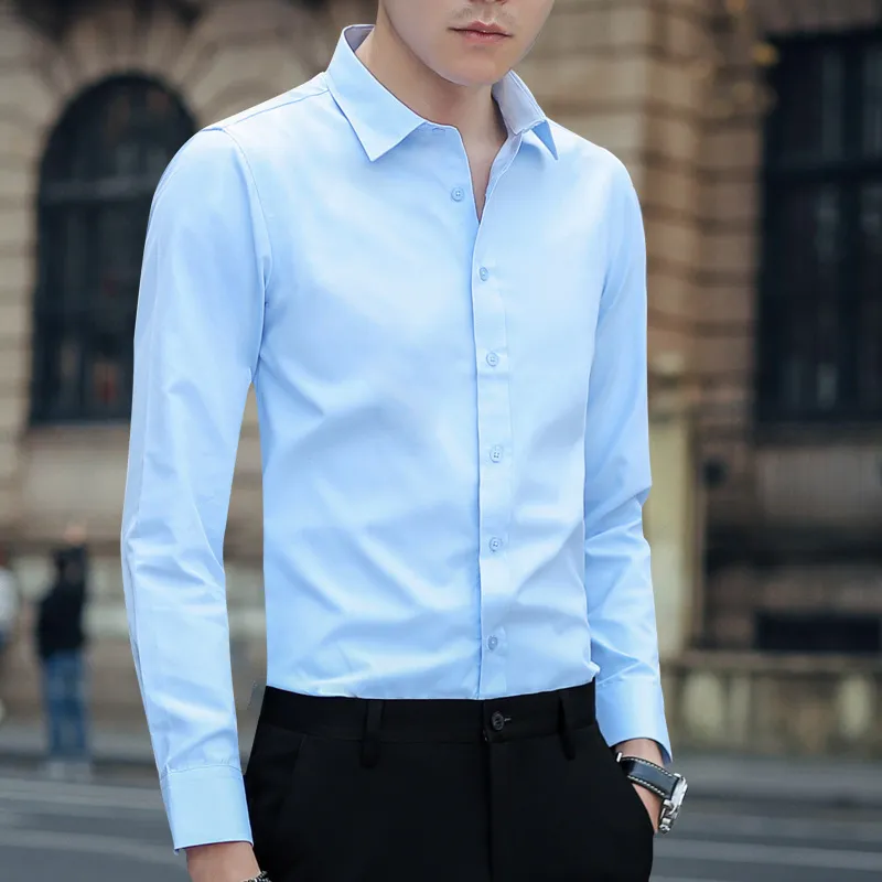 Men's Solid Color Long Sleeve Dress Shirt - Slim Fit Korean Style Business Casual Formal Shirt for Spring & Fall 2025 thumbnail 2