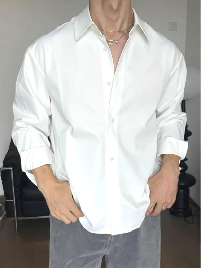 Men's Italian Naples White No-Iron Ice Silk Chiffon Long Sleeve Shirt - Loose Fit Silky Satin Cardigan Work Shirt for Men thumbnail 7
