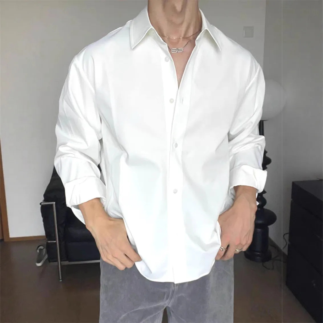 Men's Italian Naples White No-Iron Ice Silk Chiffon Long Sleeve Shirt - Loose Fit Silky Satin Cardigan Work Shirt for Men thumbnail 1