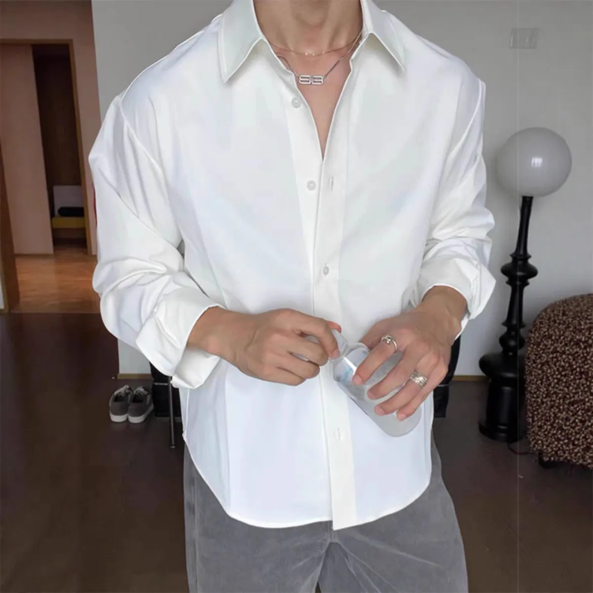 Men's Italian Naples White No-Iron Ice Silk Chiffon Long Sleeve Shirt - Loose Fit Silky Satin Cardigan Work Shirt for Men thumbnail 4