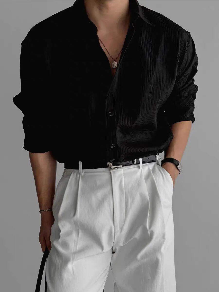 Men's Italian Naples White No-Iron Ice Silk Chiffon Long Sleeve Shirt - Loose Fit Silky Satin Cardigan Work Shirt for Men thumbnail 8