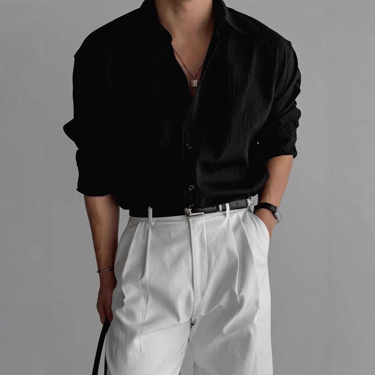 Men's Italian Naples White No-Iron Ice Silk Chiffon Long Sleeve Shirt - Loose Fit Silky Satin Cardigan Work Shirt for Men thumbnail 2