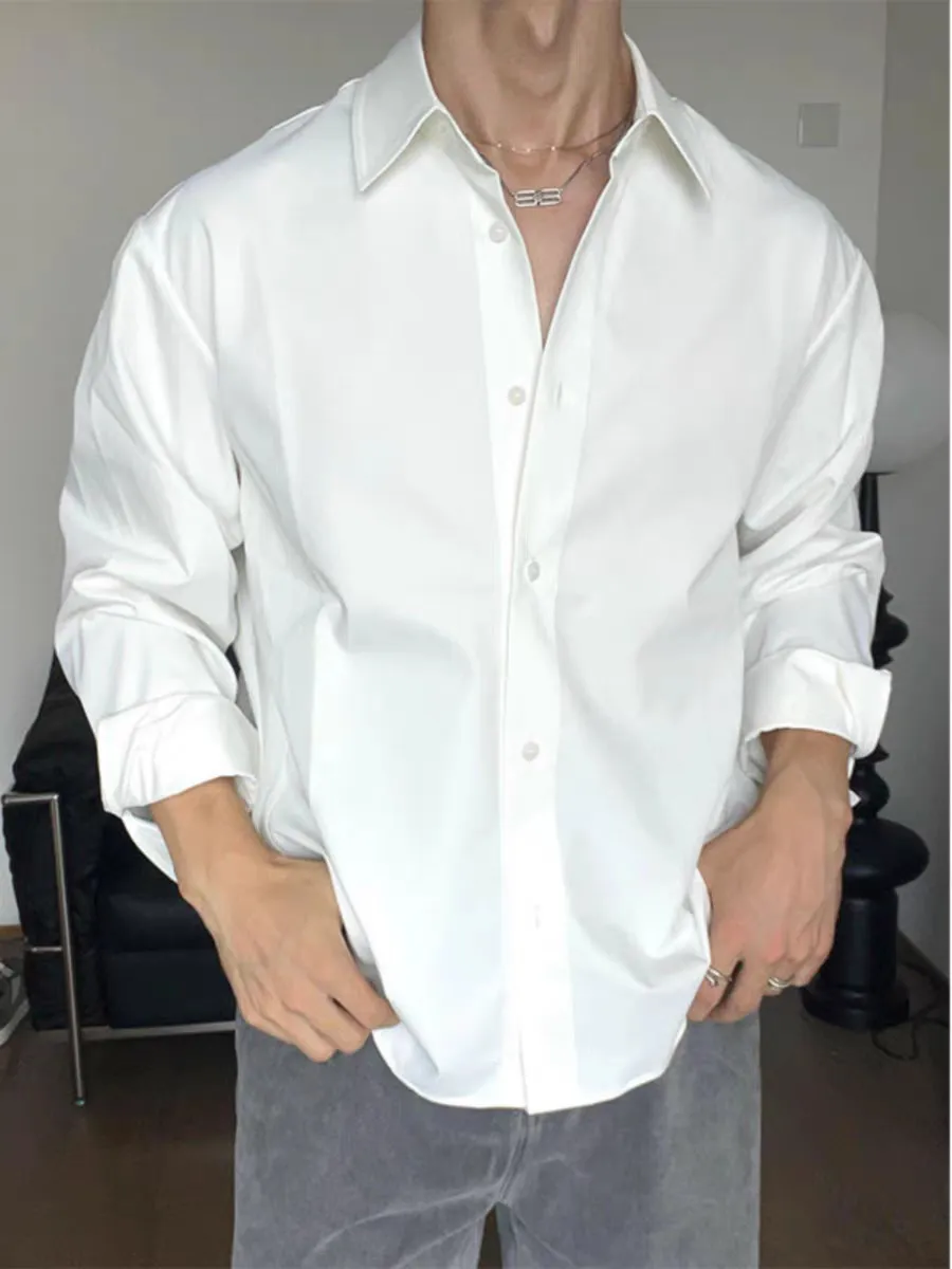 Men's Italian Naples White No-Iron Ice Silk Chiffon Long Sleeve Shirt - Loose Fit Silky Satin Cardigan Work Shirt for Men showcase 3