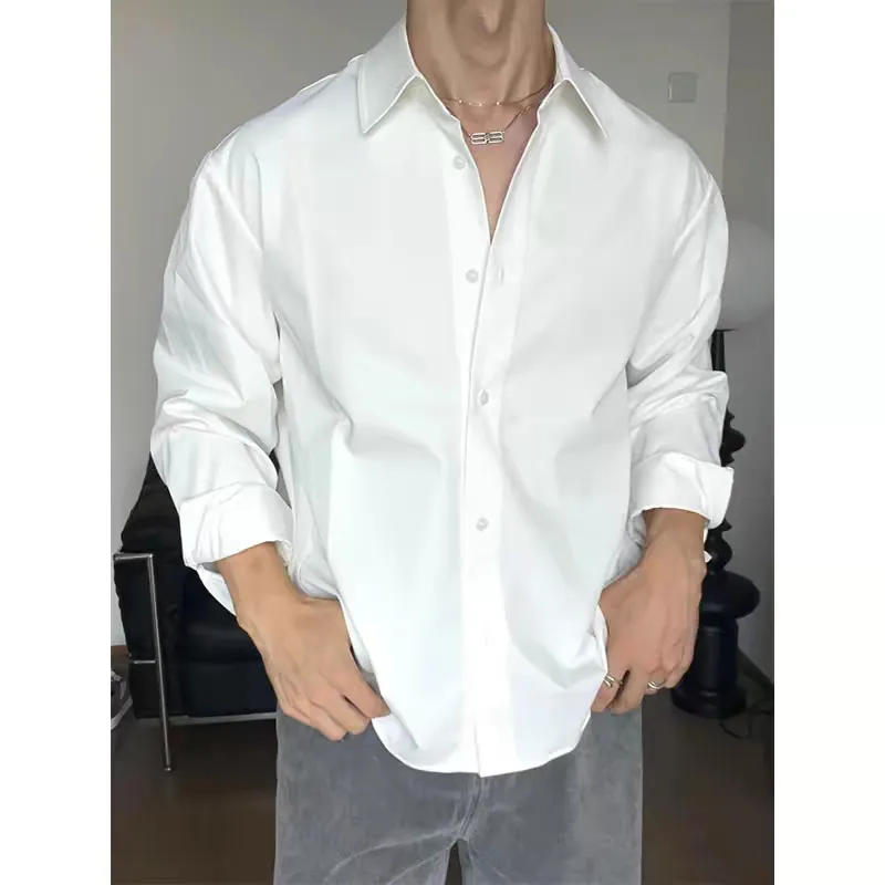 Men's Italian Naples White No-Iron Ice Silk Chiffon Long Sleeve Shirt - Loose Fit Silky Satin Cardigan Work Shirt for Men showcase 8