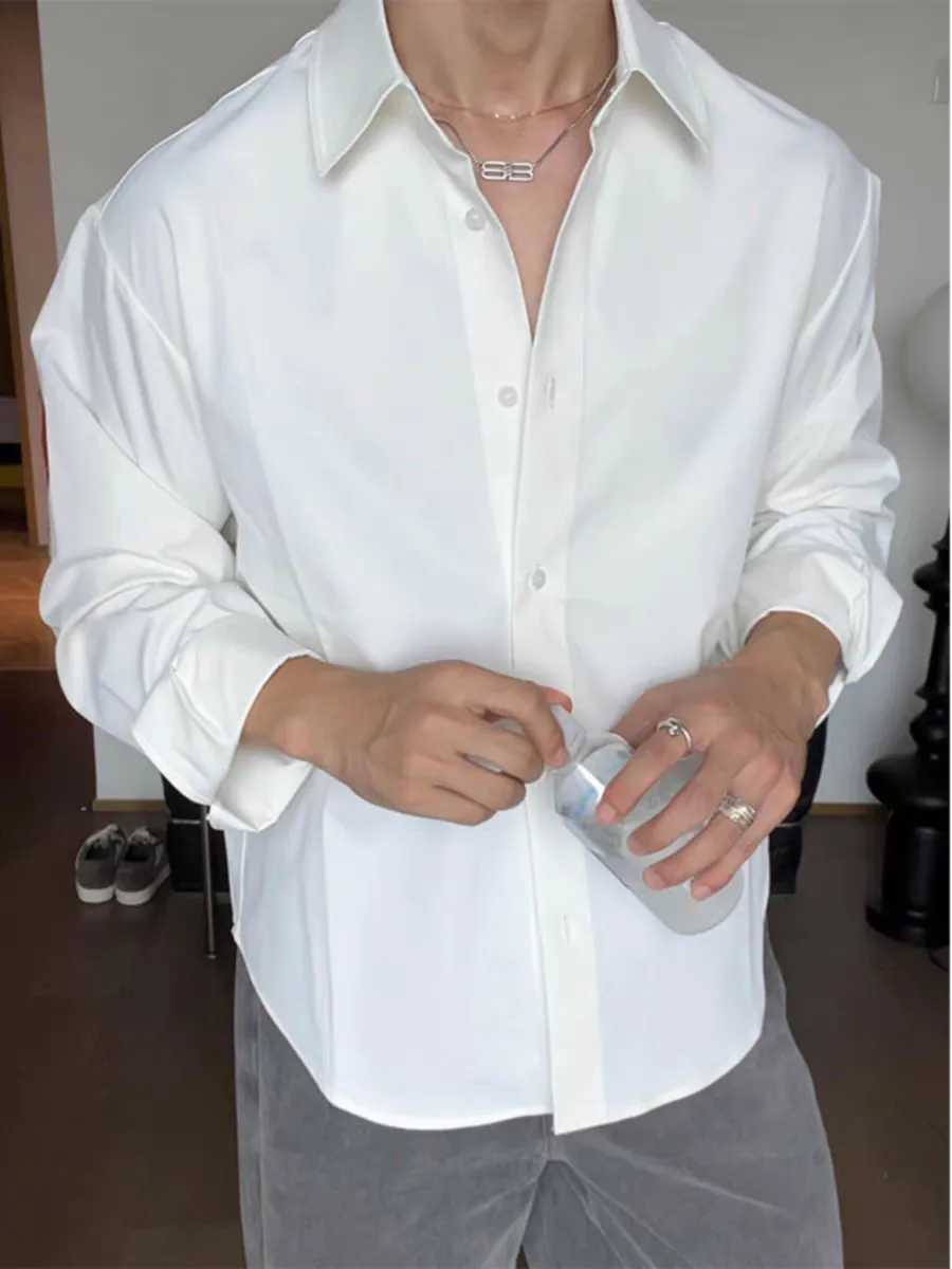 Men's Italian Naples White No-Iron Ice Silk Chiffon Long Sleeve Shirt - Loose Fit Silky Satin Cardigan Work Shirt for Men showcase 4