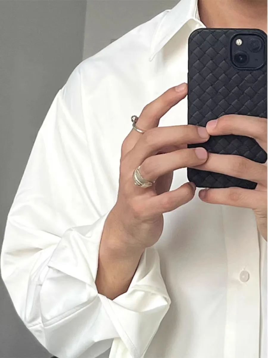Men's Italian Naples White No-Iron Ice Silk Chiffon Long Sleeve Shirt - Loose Fit Silky Satin Cardigan Work Shirt for Men showcase 6