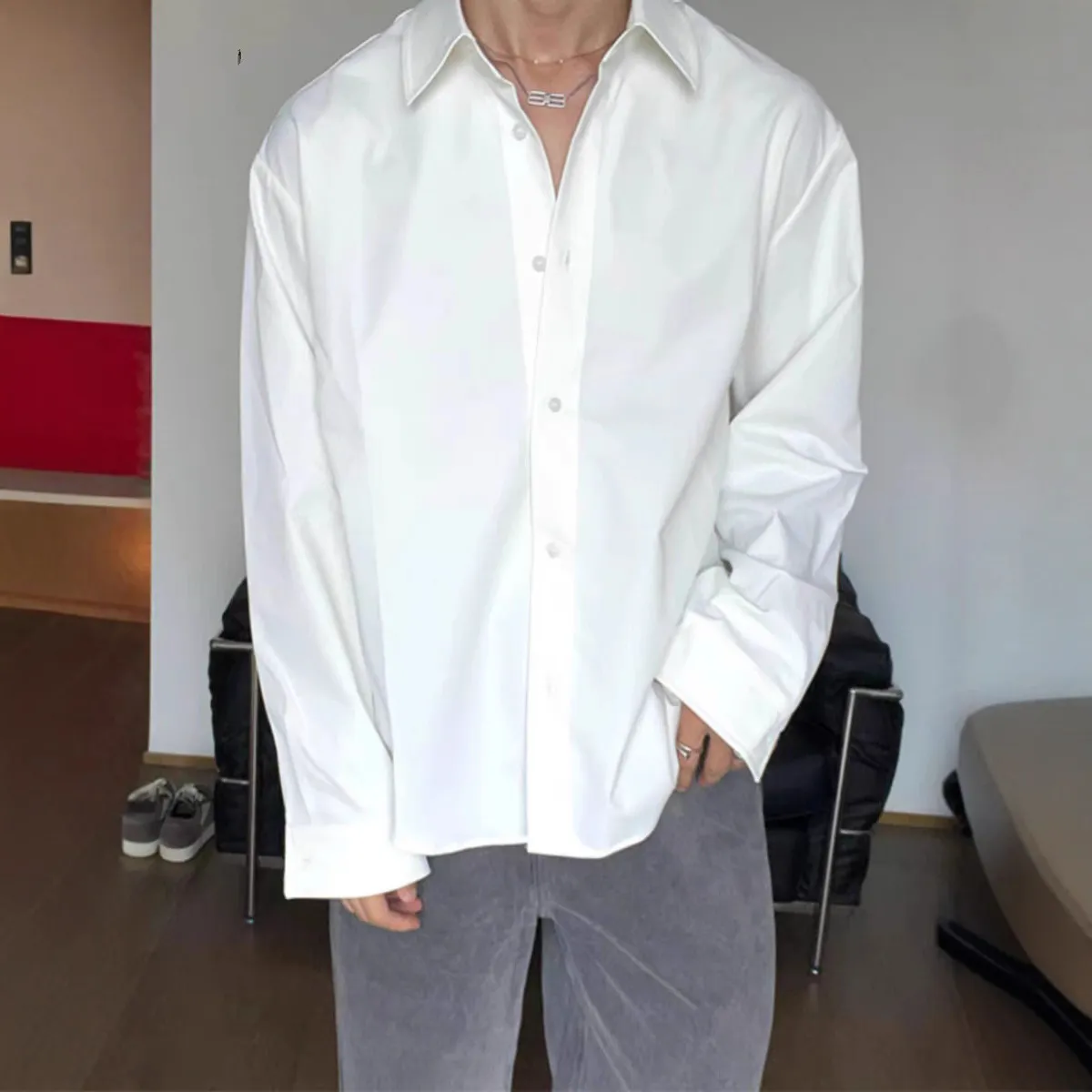 Men's Italian Naples White No-Iron Ice Silk Chiffon Long Sleeve Shirt - Loose Fit Silky Satin Cardigan Work Shirt for Men thumbnail 3
