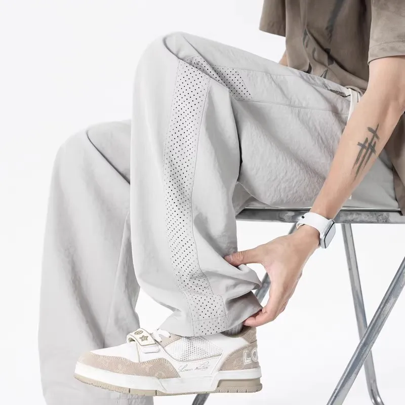 Men's Thin Mesh Breathable Quick-Drying Casual Pants - Summer Lightweight Ice Silk Loose Fit Straight Leg Trousers for Trendy Style thumbnail 8