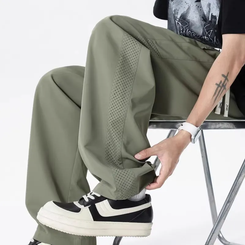 Men's Thin Mesh Breathable Quick-Drying Casual Pants - Summer Lightweight Ice Silk Loose Fit Straight Leg Trousers for Trendy Style thumbnail 6