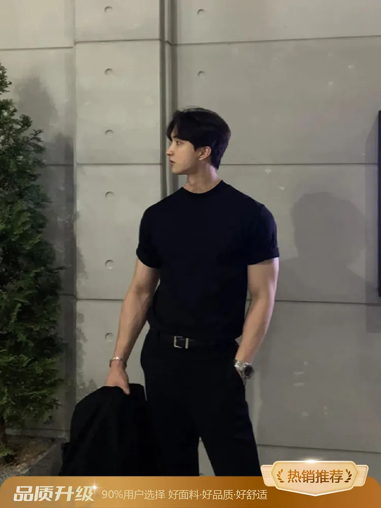 Men's Short Sleeve Slim Fit T-Shirt - Summer Round Neck Bodysuit, Elastic Fitness Training Base Layer, Casual Outdoor Wear thumbnail 7