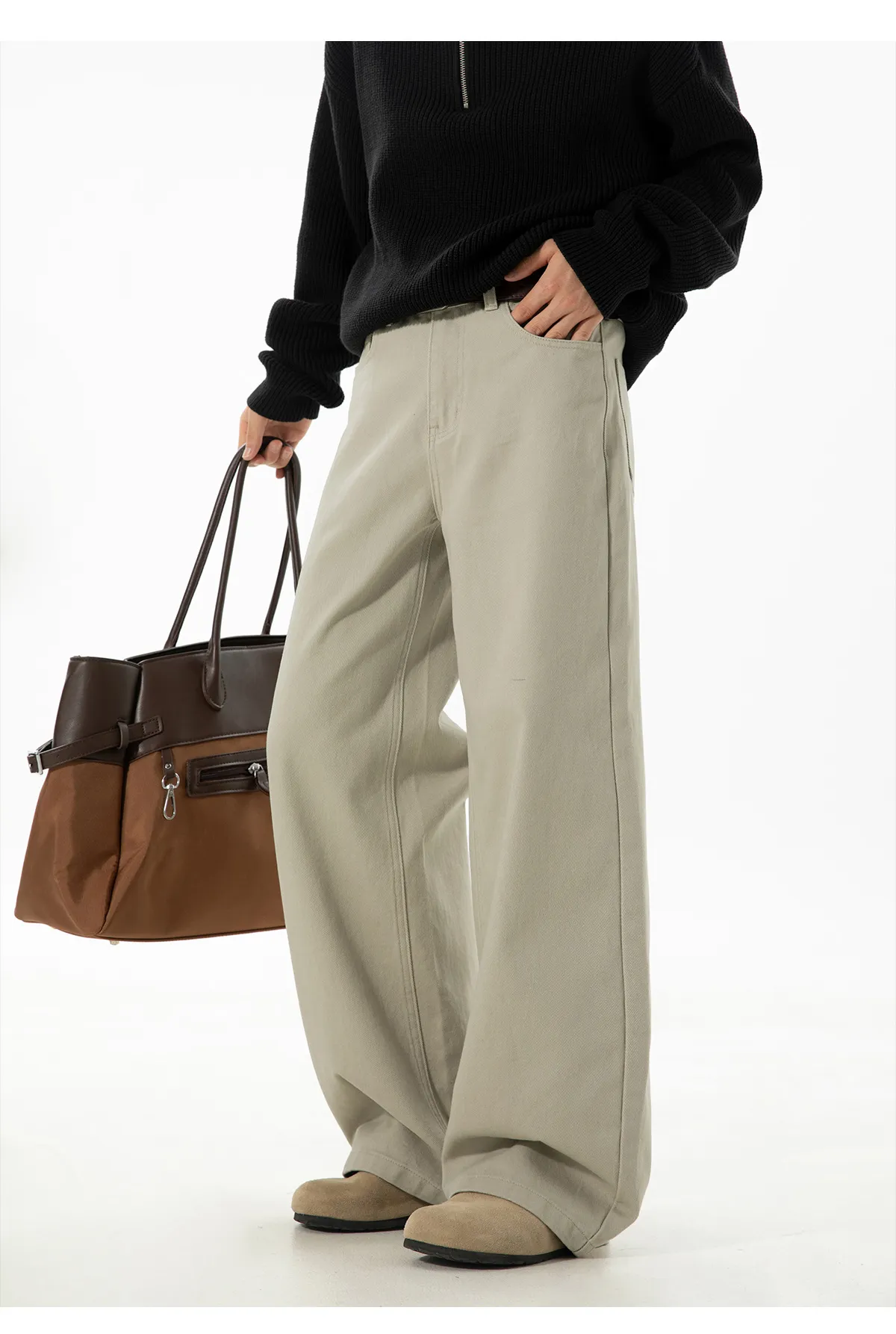 Men's Twill Casual Pants Loose Fit Straight Leg Cotton Trousers Autumn Style Semi-Elastic Waist Trendy Retro Long Pants for Men showcase 18