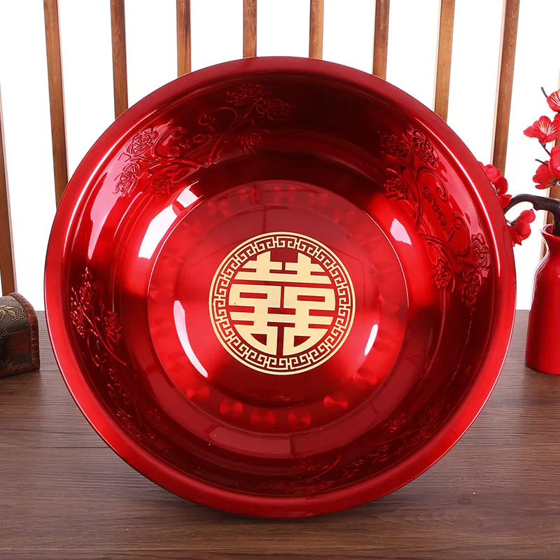 Red Wedding Washbasin Set for Women's Dowry - Traditional Chinese Wedding Supplies, Includes Washbasin and Accessories