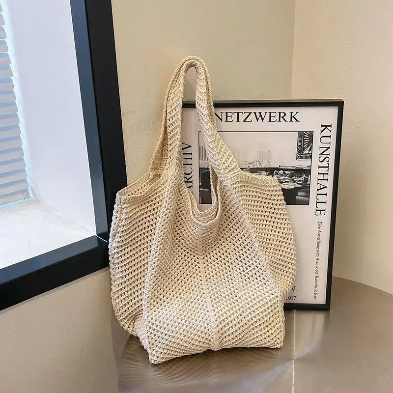 Women's Hollow Hand-Woven Straw Beach Bag - Large Capacity Summer Casual Shoulder Bag for Seaside Vacation, Lazy Style Tote thumbnail 4