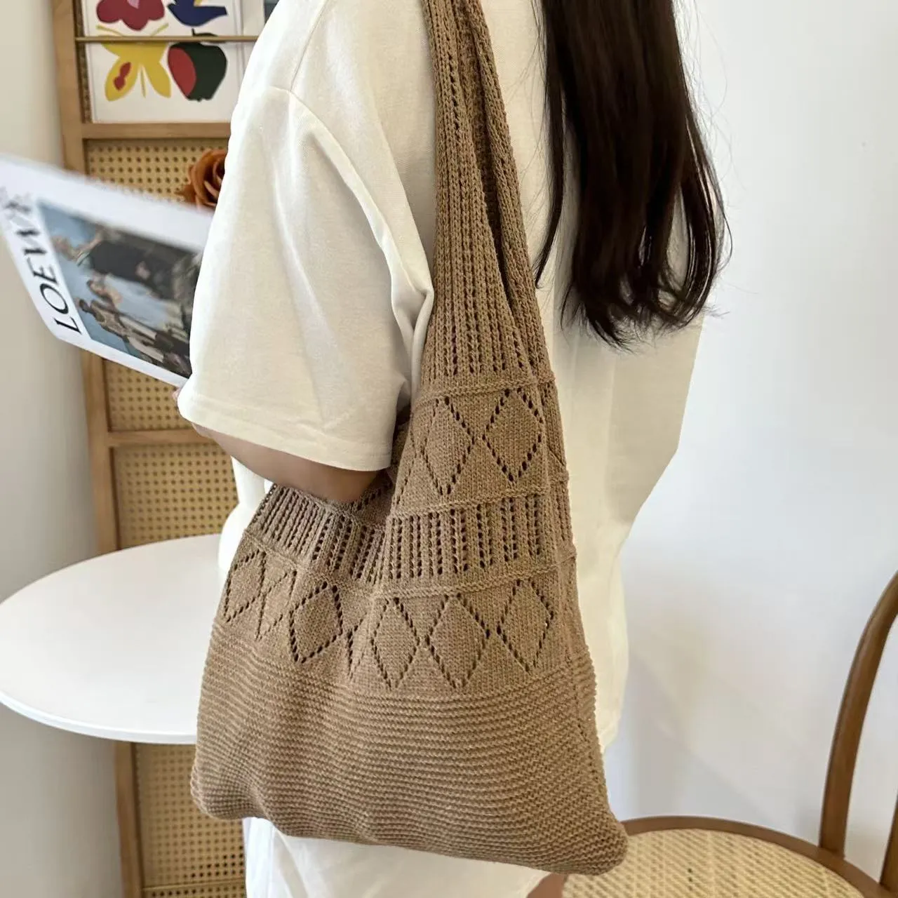 Women's Hollow Hand-Woven Straw Beach Bag - Large Capacity Summer Casual Shoulder Bag for Seaside Vacation, Lazy Style Tote thumbnail 7