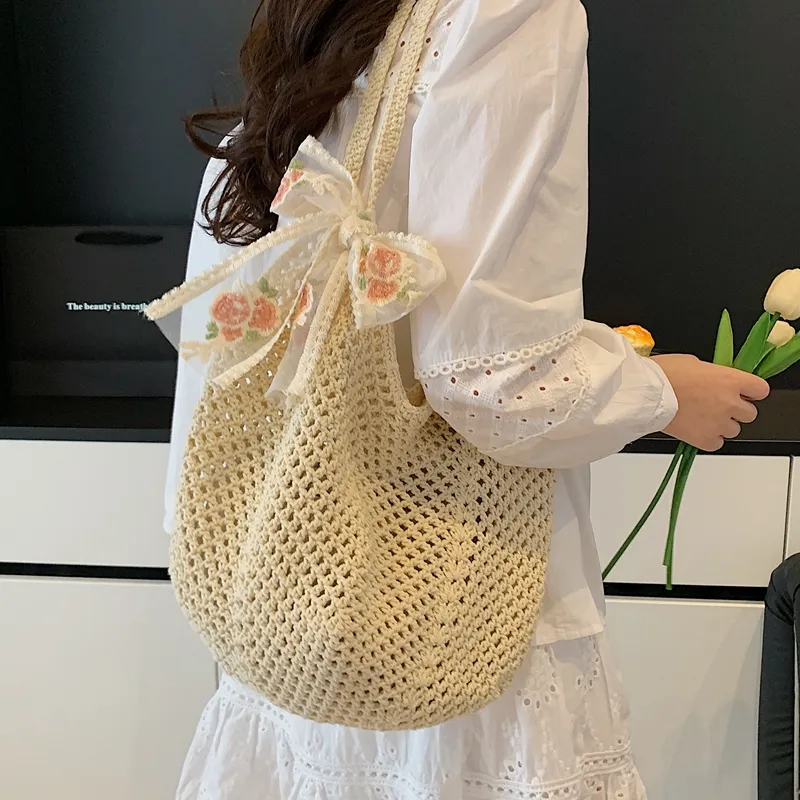 Women's Hollow Hand-Woven Straw Beach Bag - Large Capacity Summer Casual Shoulder Bag for Seaside Vacation, Lazy Style Tote thumbnail 1