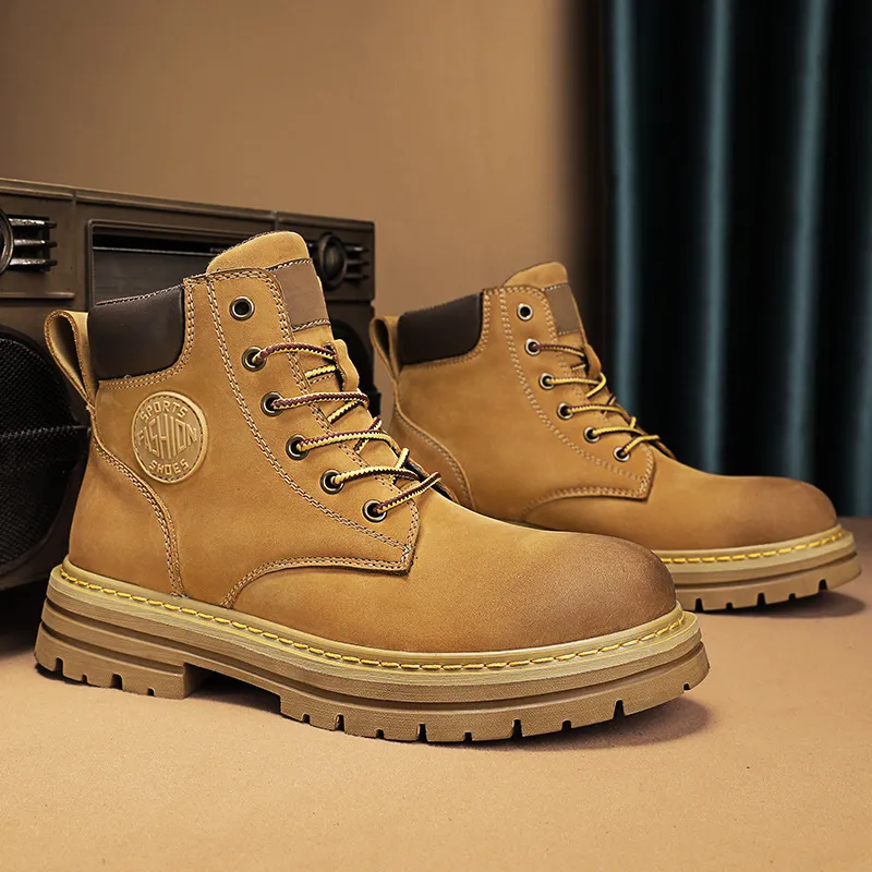 Men's Leather Ankle Boots - Classic Autumn Winter Thick Sole Height Increasing Casual Martin Boots for Men and Women - Yellow/Brown thumbnail 1