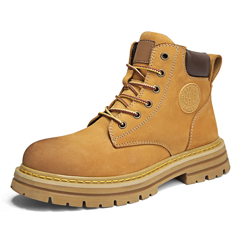 Men's Leather Ankle Boots - Classic Autumn Winter Thick Sole Height Increasing Casual Martin Boots for Men and Women - Yellow/Brown thumbnail 8