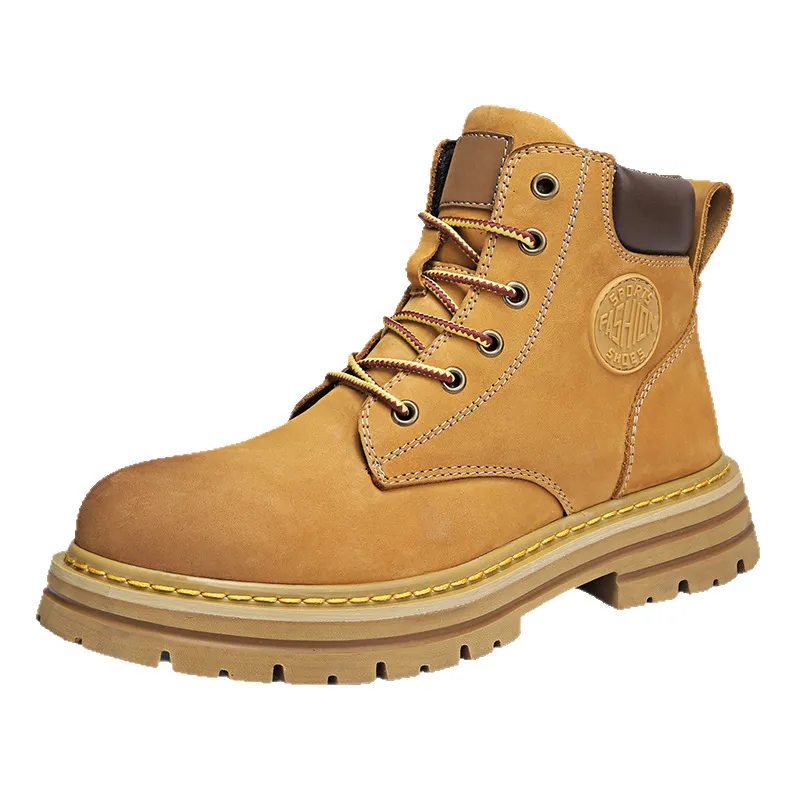 Men's Leather Ankle Boots - Classic Autumn Winter Thick Sole Height Increasing Casual Martin Boots for Men and Women - Yellow/Brown thumbnail 5