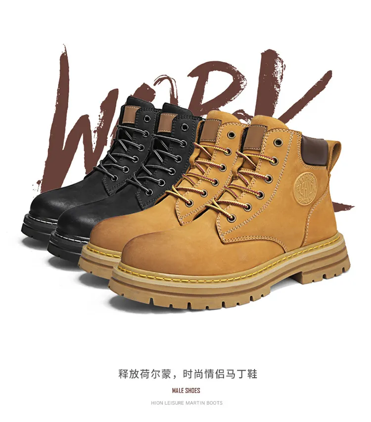 Men's Leather Ankle Boots - Classic Autumn Winter Thick Sole Height Increasing Casual Martin Boots for Men and Women - Yellow/Brown showcase 4
