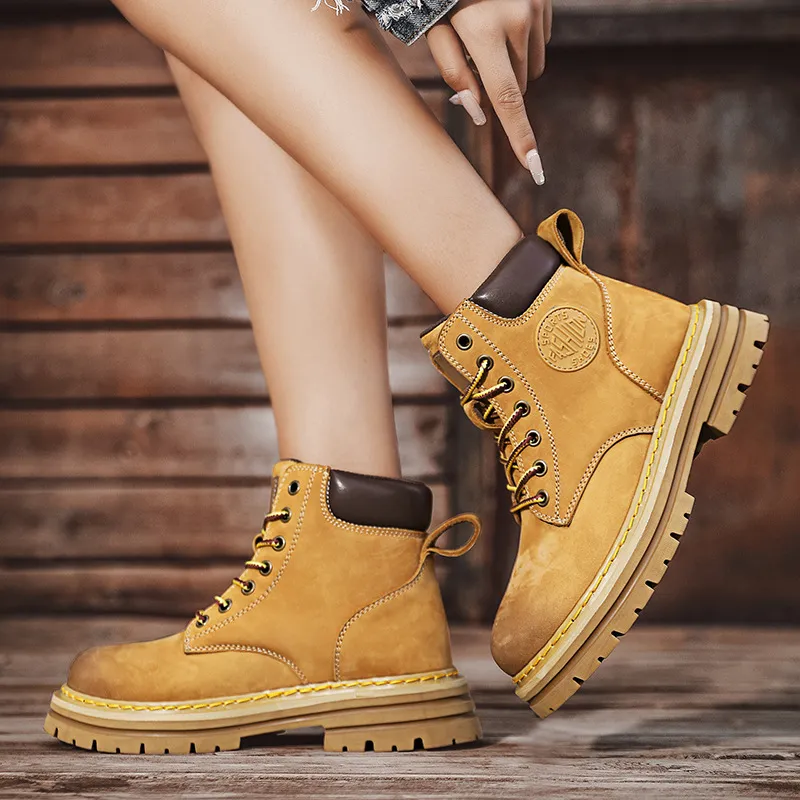 Men's Leather Ankle Boots - Classic Autumn Winter Thick Sole Height Increasing Casual Martin Boots for Men and Women - Yellow/Brown thumbnail 3
