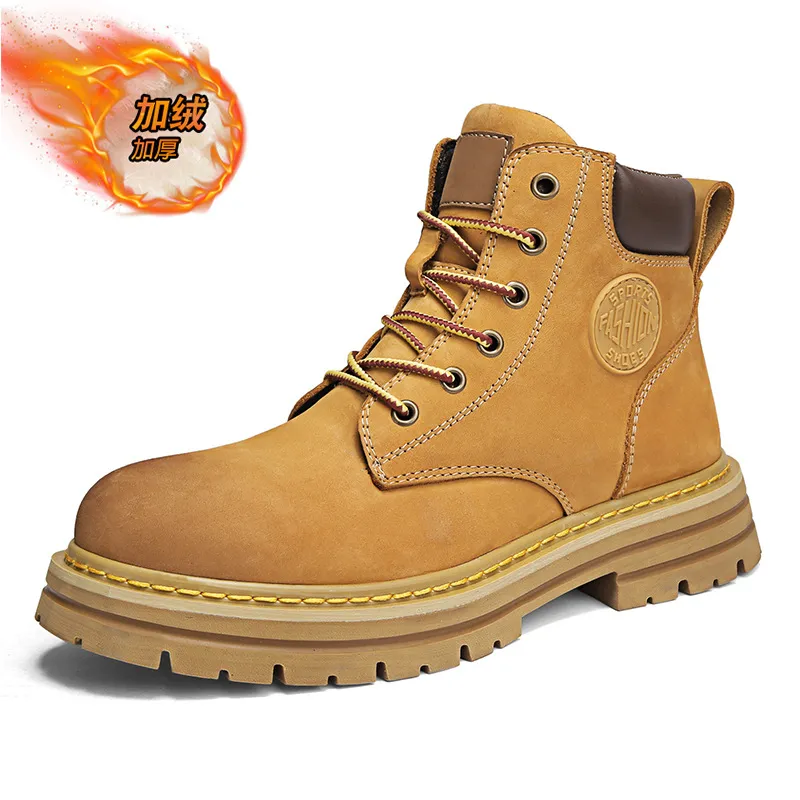 Men's Leather Ankle Boots - Classic Autumn Winter Thick Sole Height Increasing Casual Martin Boots for Men and Women - Yellow/Brown thumbnail 10
