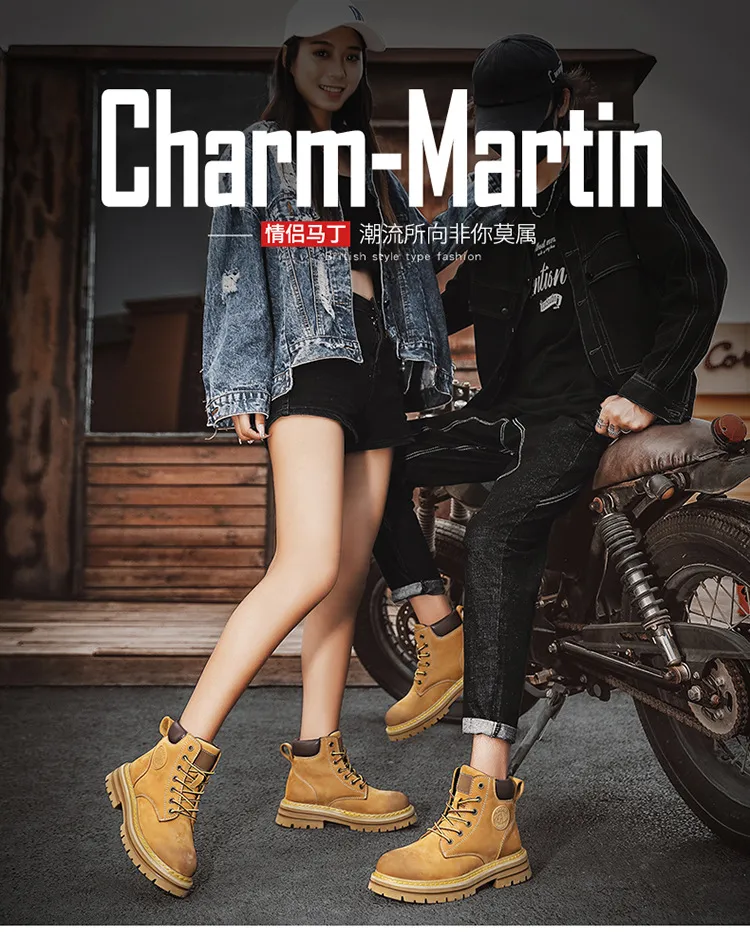 Men's Leather Ankle Boots - Classic Autumn Winter Thick Sole Height Increasing Casual Martin Boots for Men and Women - Yellow/Brown showcase 3
