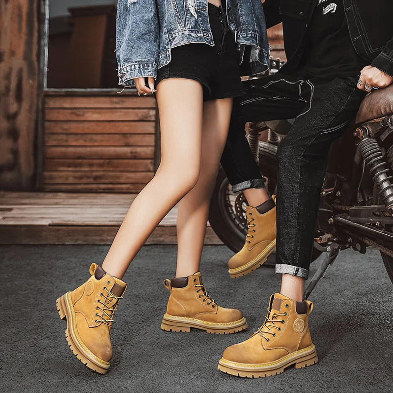 Men's Leather Ankle Boots - Classic Autumn Winter Thick Sole Height Increasing Casual Martin Boots for Men and Women - Yellow/Brown thumbnail 2
