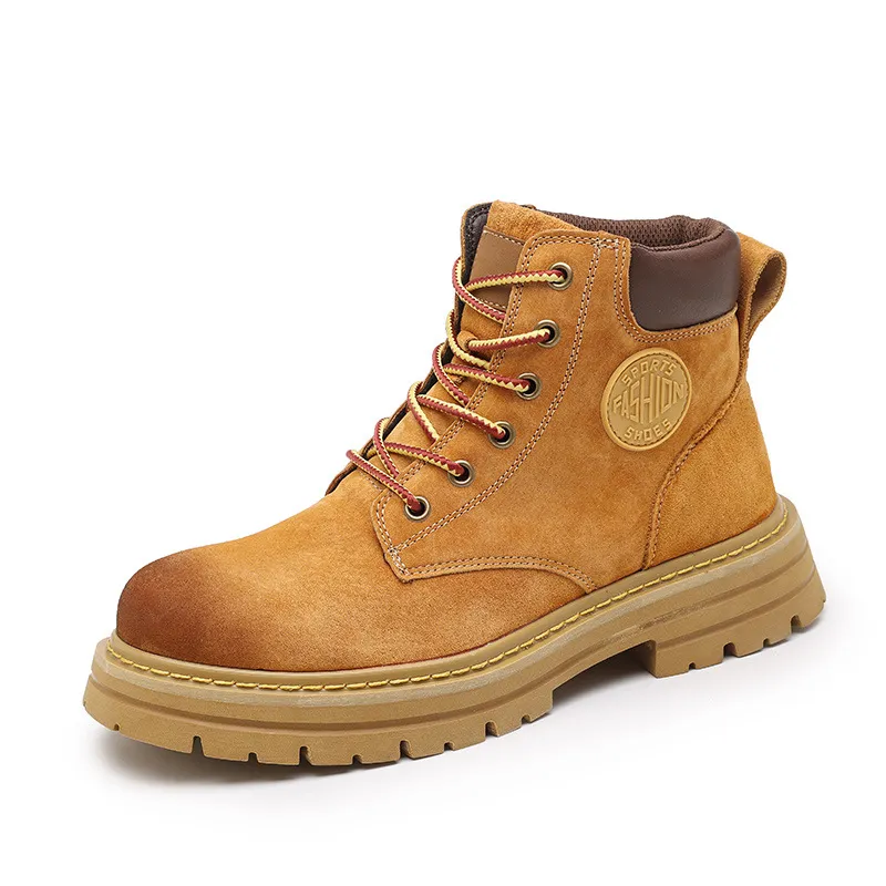 Men's Leather Ankle Boots - Classic Autumn Winter Thick Sole Height Increasing Casual Martin Boots for Men and Women - Yellow/Brown thumbnail 7