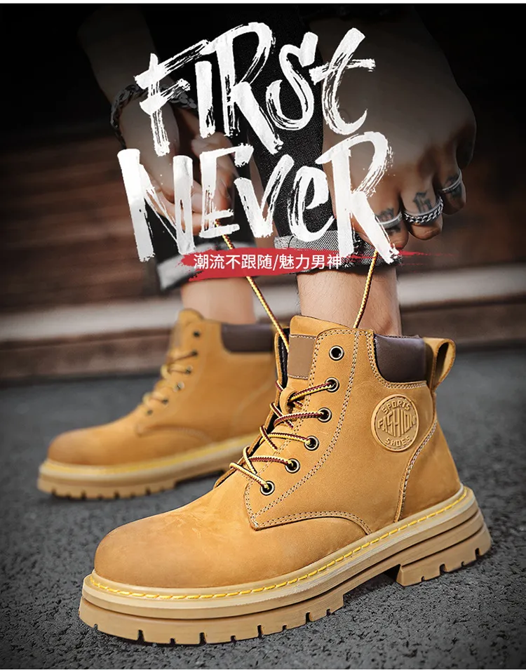 Men's Leather Ankle Boots - Classic Autumn Winter Thick Sole Height Increasing Casual Martin Boots for Men and Women - Yellow/Brown showcase 9