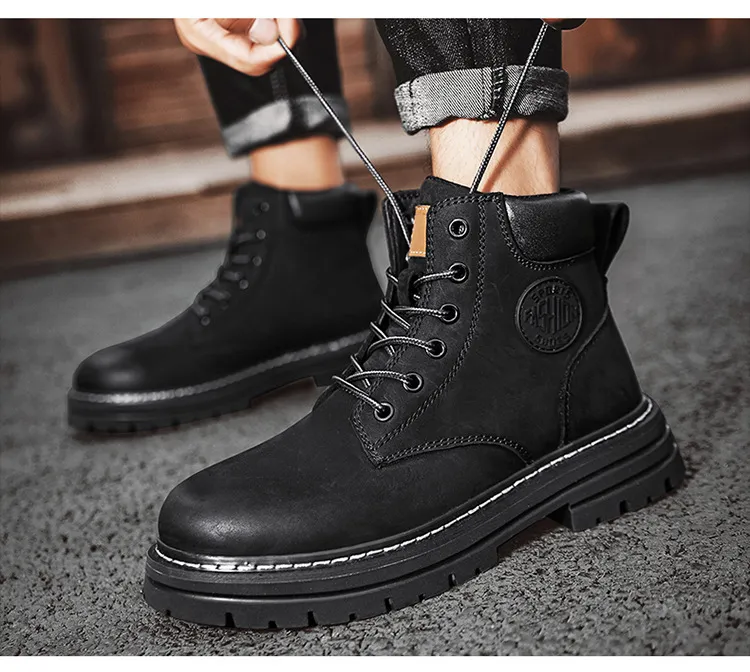 Men's Leather Ankle Boots - Classic Autumn Winter Thick Sole Height Increasing Casual Martin Boots for Men and Women - Yellow/Brown showcase 20