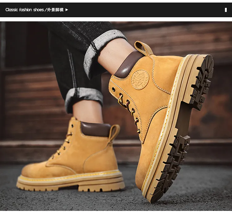 Men's Leather Ankle Boots - Classic Autumn Winter Thick Sole Height Increasing Casual Martin Boots for Men and Women - Yellow/Brown showcase 14