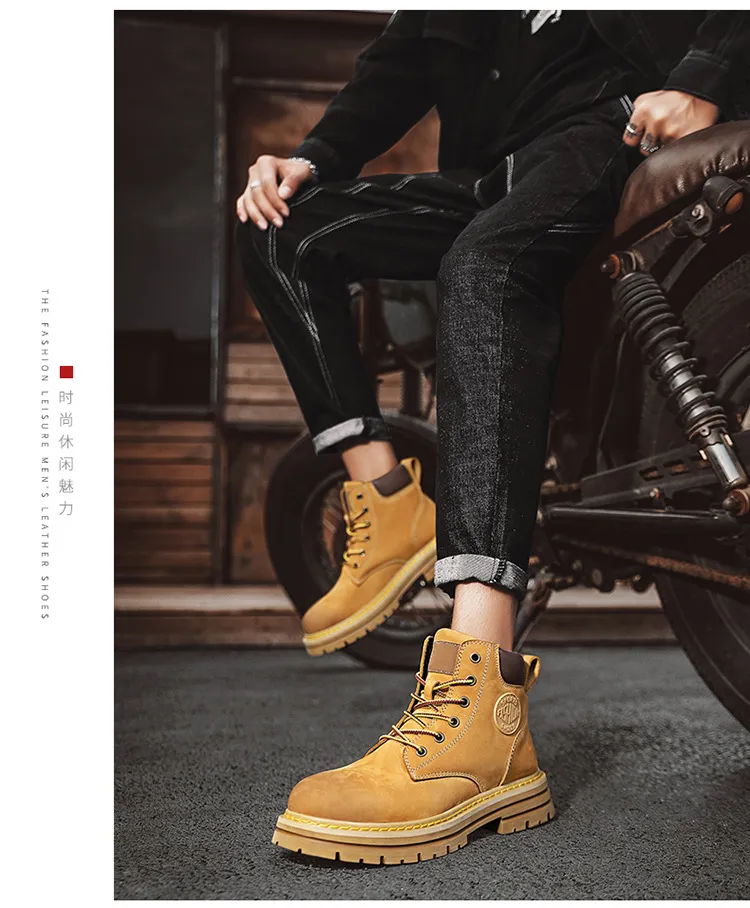 Men's Leather Ankle Boots - Classic Autumn Winter Thick Sole Height Increasing Casual Martin Boots for Men and Women - Yellow/Brown showcase 15