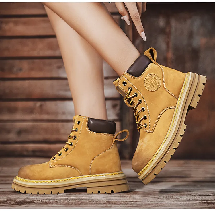 Men's Leather Ankle Boots - Classic Autumn Winter Thick Sole Height Increasing Casual Martin Boots for Men and Women - Yellow/Brown showcase 18