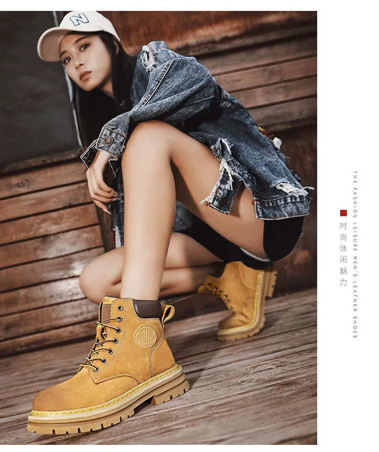 Men's Leather Ankle Boots - Classic Autumn Winter Thick Sole Height Increasing Casual Martin Boots for Men and Women - Yellow/Brown showcase 17