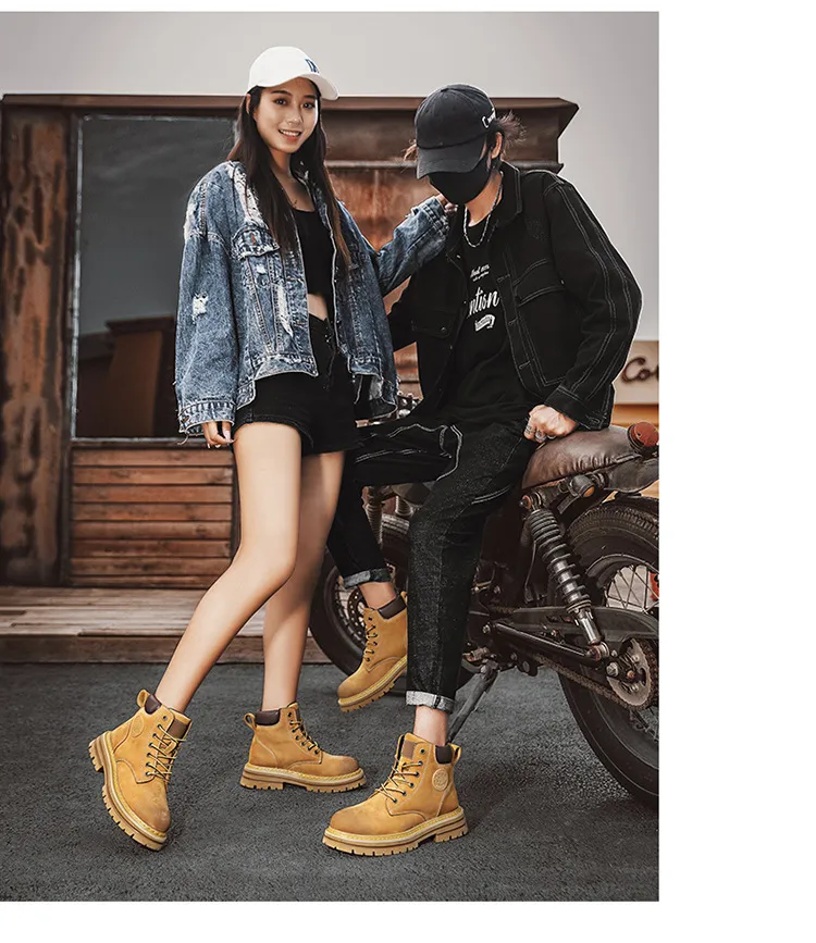 Men's Leather Ankle Boots - Classic Autumn Winter Thick Sole Height Increasing Casual Martin Boots for Men and Women - Yellow/Brown showcase 16
