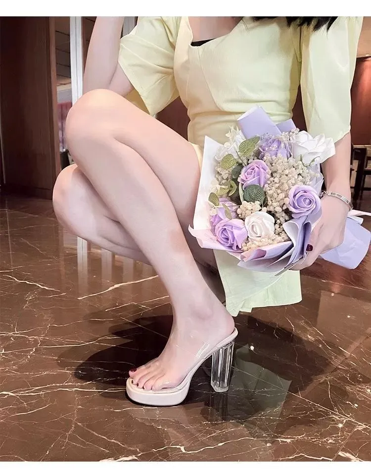 Women's High Heel Sandals Clear Crystal Platform Pole Dancing Shoes Sexy Nightclub Slip-On Mules Party Evening Dress Sandals showcase 8