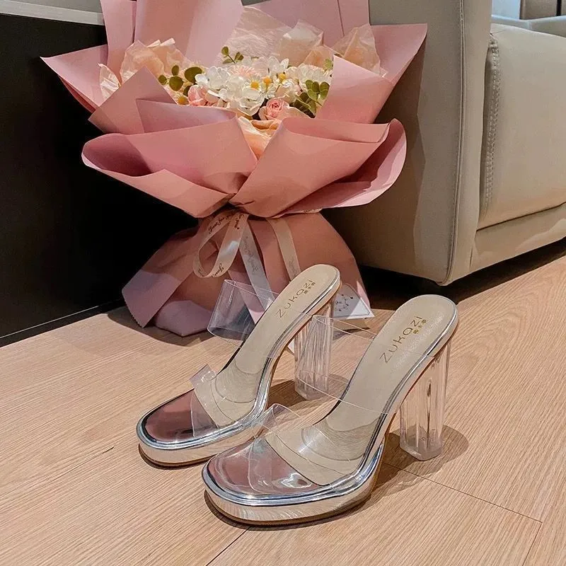 Women's High Heel Sandals Clear Crystal Platform Pole Dancing Shoes Sexy Nightclub Slip-On Mules Party Evening Dress Sandals thumbnail 9